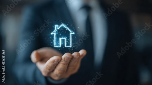 A hand holding a digital house icon, representing real estate and property investment.