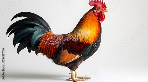 Intricately Detailed Image of a Majestic Red-Combed Rooster Crowning the Dawn in a Pristine White Studio with Dynamic Lighting and Vivid Contrasts