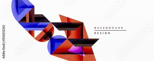 Abstract geometric shapes create dynamic composition. Gradient colorsblue, orange, purpleoverlap, forming modern visual effect. Minimalist design suitable for backgrounds, presentations.