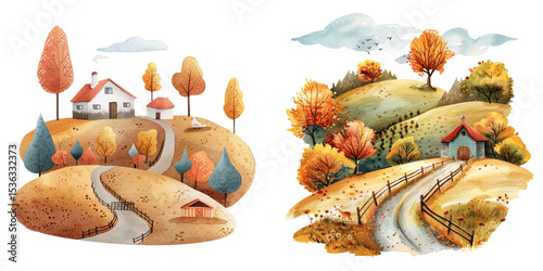 autumn farm lanscape watercolor vector illustration