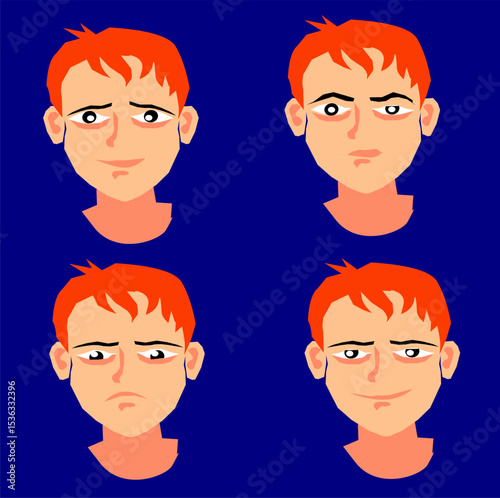 the four kinds of face ekspressions of a boy with blue background.