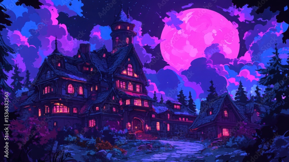 Obraz premium Medieval fantasy castle illuminated at night under a dramatic sky amidst a vibrant forest landscape