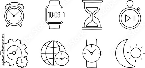Time Management Stroke Icon Set. Featuring Clock, Stopwatch, Hourglass, and Global Time Concepts. Editable Outline Design Collection.