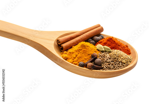 Aromatic Spices in a Wooden Spoon isolated on transparent baackground