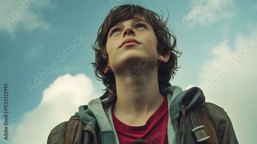 Young Boy Looking Up at the Sky with Hope and Wonder