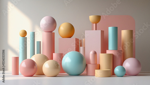 Abstract spheres, cubes, and cylinders in candy colors on a clean backdrop.
