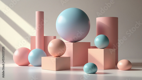 Colorful abstract forms with soft shadows and smooth surfaces. Stylish, modern design for creative use.