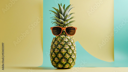 Upright pineapple with green crown and sunglasses, isolated on colorful pastel background. High-res, fun, and photorealistic. photo
