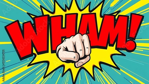 Vibrant Pop Art 'WHAM!' Explosion with Cartoon Fist and Dynamic Rays: Capturing Impact, Force, and the Energetic Visual Style of Comic Books and Action-Oriented Graphics