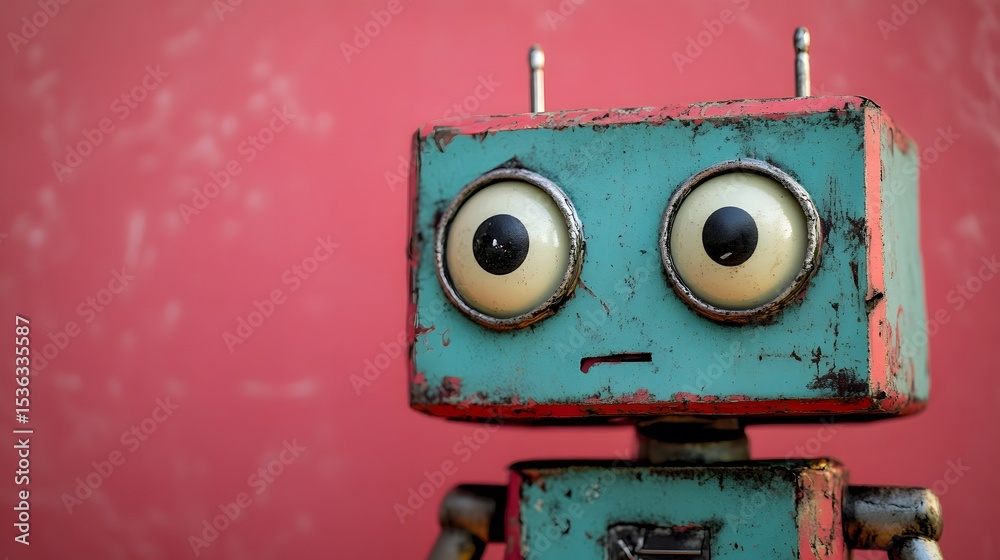 Fototapeta premium Retro Robot Head with Googly Eyes and Sad Expression