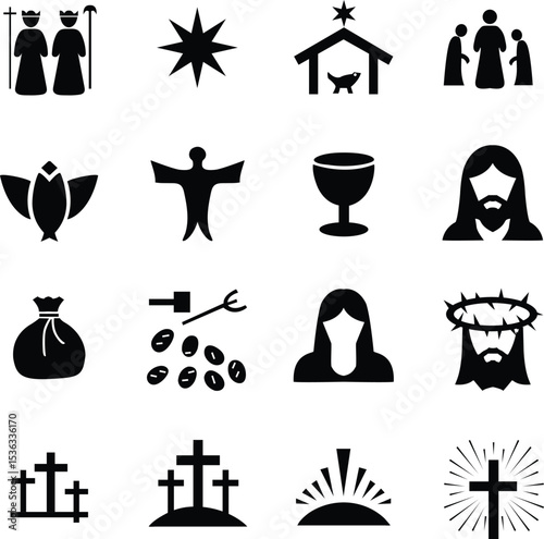 Christian Christmas Icons Silhouette Vector Set