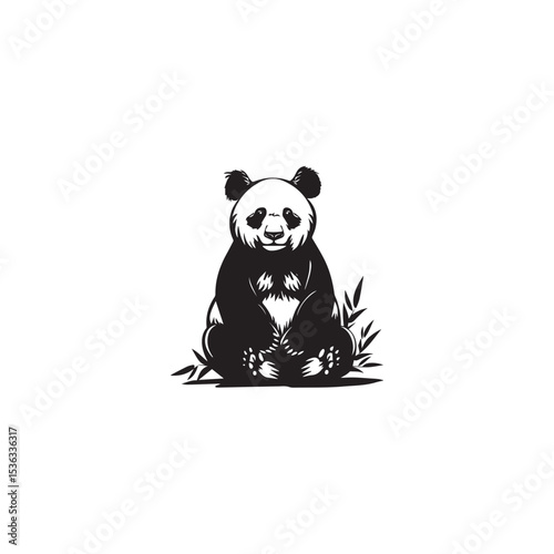 Black and white panda illustration sitting calmly beside bamboo leaves vector
