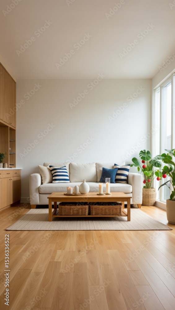 Fototapeta premium Light Beige Sofa Blue Striped Pillows Wooden Coffee Table Light Wood Floor