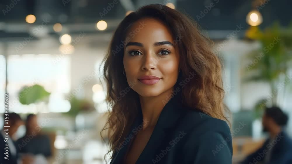 Confident young adult woman in dark blazer in modern office environment with blurred coworkers and plants, professional business setting Confident young adult woman in dark blazer in modern office environment with blurred coworkers and plants, professional business setting