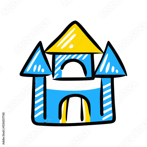 Colorful playhouse illustration with blue and yellow castle design. Playhouse icon features simple geometric shapes and playful lines.