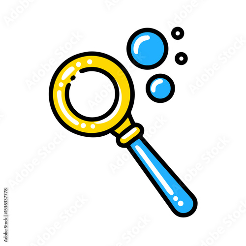 Colorful bubble wand with soap bubbles. Bright yellow and blue bubble blower for kids. This playful bubble wand is perfect for creating whimsical designs and icons.