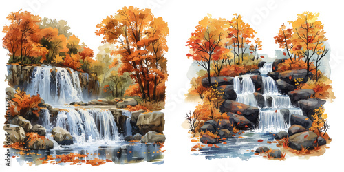 autumn waterfall scene watercolor vector illustration