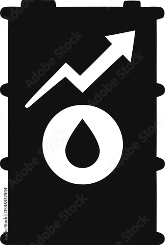 Black barrel with a dollar sign, oil drop, and upward trending arrow, representing rising prices.
