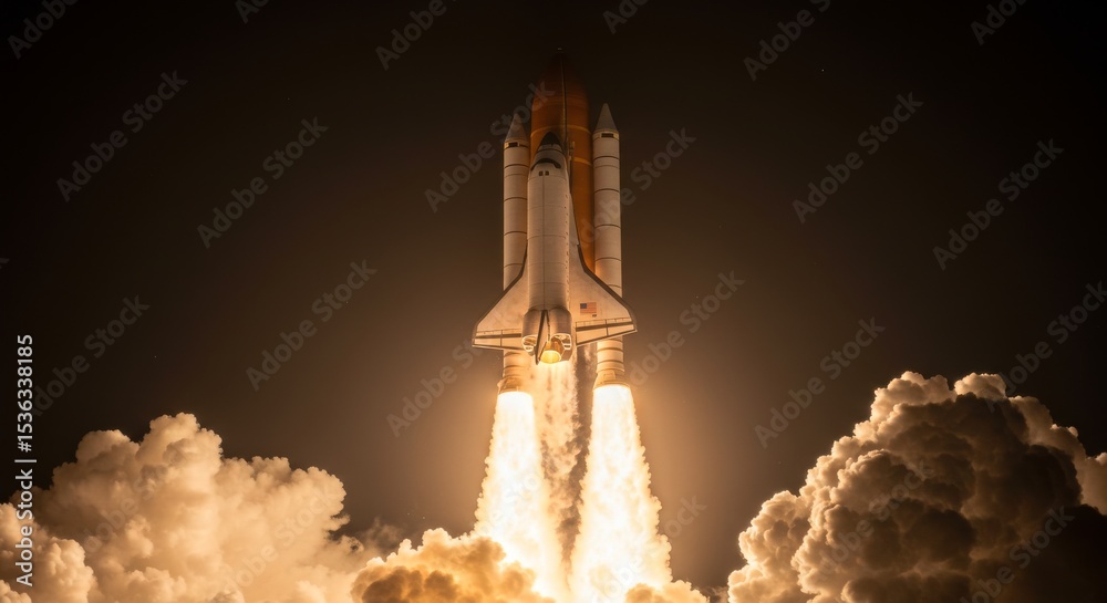 Obraz premium Space shuttle launching into the night sky