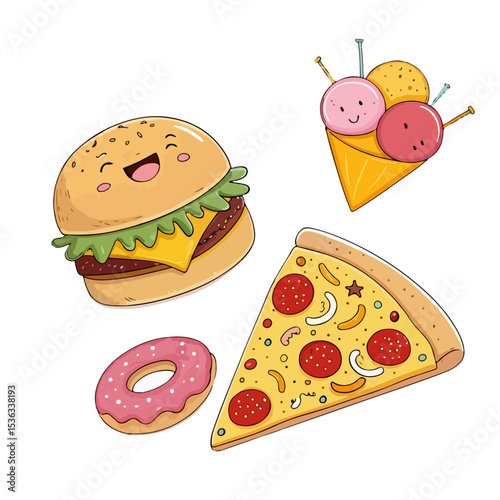  Flat Fast Food Vector Pack – Burger, Donut, Pizza Slice