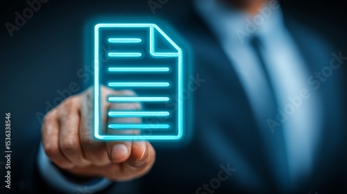 A professional man holds a glowing digital document, symbolizing modern business practices.