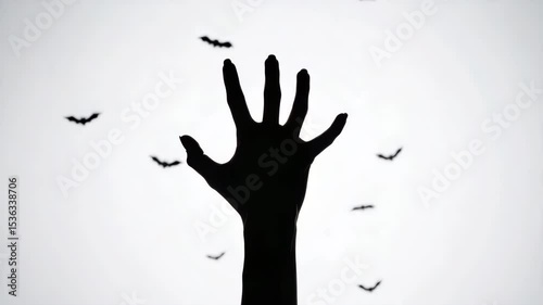 Silhouetted Hand Reaching Upward Against White Background with Flying Bats Creating Eerie and Mysterious Atmosphere