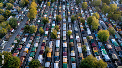 Rows of identical houses overflowing with unnecessary goods. Symbol of a major environmental problem caused by urban overconsumption waste. Abstract image.