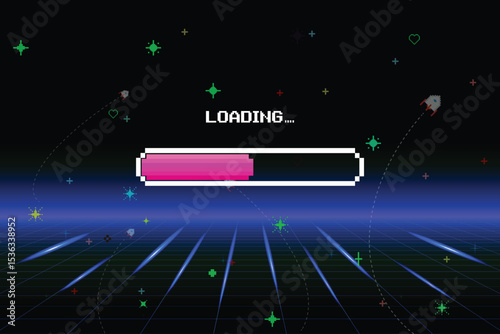 LOADING. pixel art. 8 bit. retro game. for game assets in vector illustrations. Retro Futurism Sci-Fi Background. glowing neon grid and star from vintage arcade computer game.