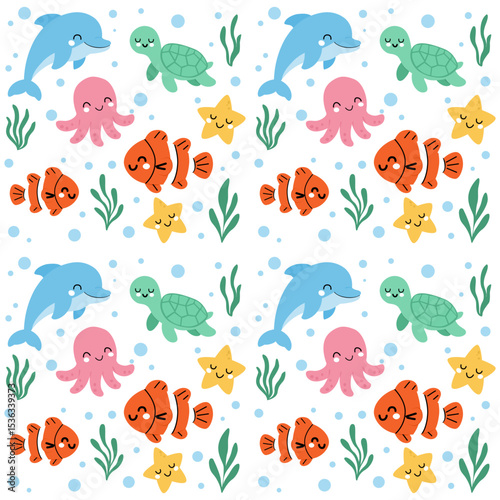 Cute Undersea Animals Pattern, Seamless Marine Life Background, Underwater World Cartoon Design, Seamless pattern cute animals