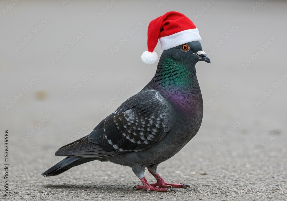 Obraz premium Pigeon wearing a santa hat standing on the ground