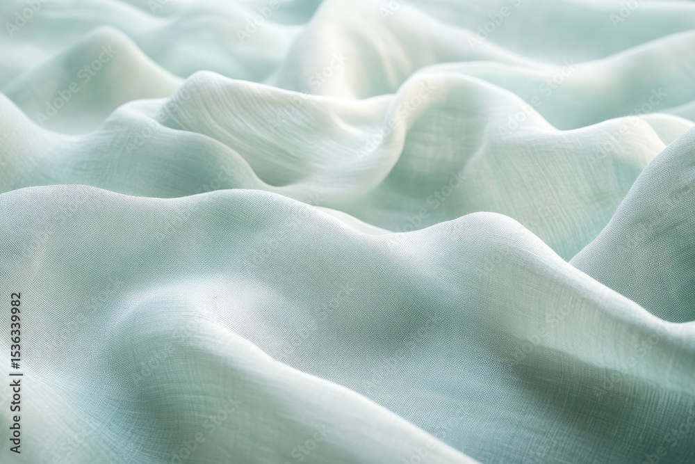 Obraz premium Close-up of the texture and folds on a light green linen fabric, focusing on its softness and elegance. The background is blurred to highlight the detail