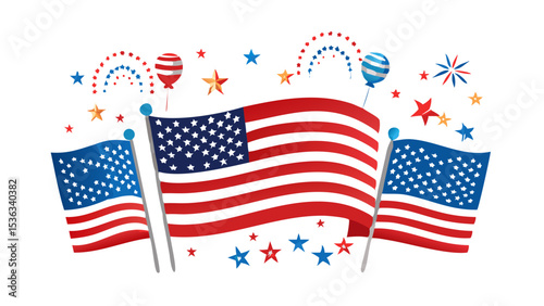 Festive American Flags with Fireworks for Independence Day celebrations