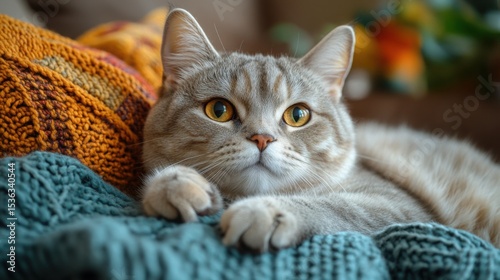 A Scottish Straight cat relaxes on a colorful macramé recliner in a cozy room with a dark background during a tranquil afternoon