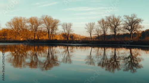 Golden Hour Landscape with Shadowed Trees Mirrored on a Still Water Body