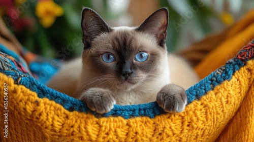A charming Siamese cat relaxes on a colorful macramé hammock in a serene country cottage setting