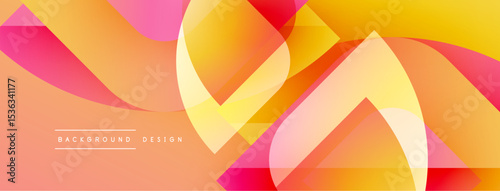 Abstract design features overlapping layers, vibrant colors. Gradient transitions create dynamic visual effect. Modern, stylish background.