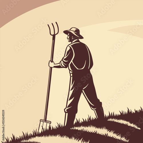 Silhouette vector of a farmer holding a pitchfork, ideal for agricultural, rural life, labor, and countryside-themed projects.