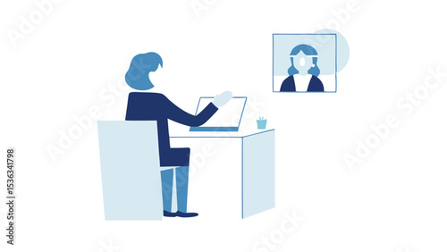 A businesswoman presenting remotely in a web conference from home with simple blue vector graphics