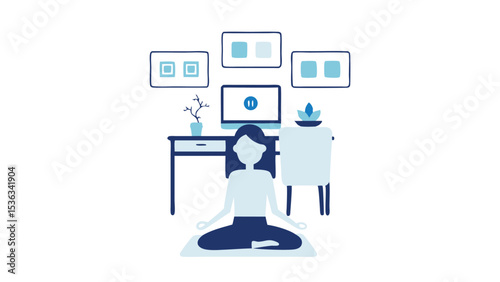 Finding inner peace Woman meditates at her desk during a break for mindful balance in blue and white