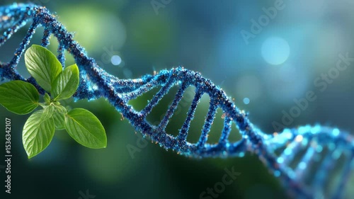 Blue DNA strand intertwined with vibrant green leaves, symbolizing the connection between nature and genetics, showcasing the beauty of life and scientific discovery
