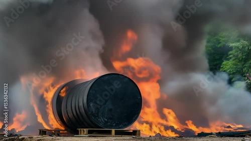 Black barrel on wooden pallet surrounded by intense flames and thick smoke, illustrating a dramatic fire scene with vibrant colors and dynamic movement in the atmosphere