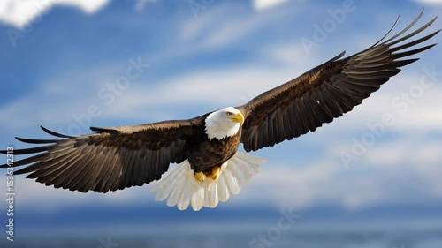 Majestic bald eagle soaring gracefully through the sky with outstretched wings, showcasing its powerful presence against a backdrop of soft clouds and distant mountains