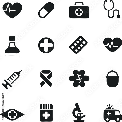 Collection of Medical Icons Representing Healthcare Services and Equipment with Heart Rate, Pill, Stethoscope and Microscope Symbols