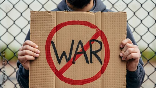 Individual holding a cardboard sign with a bold red circle and line over the word 