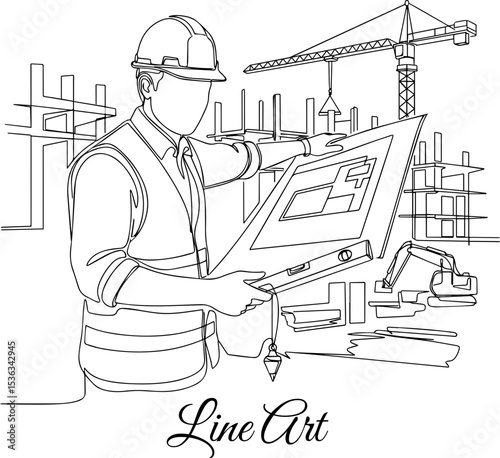 Architect Overseeing Construction Site Blueprint Line Art
