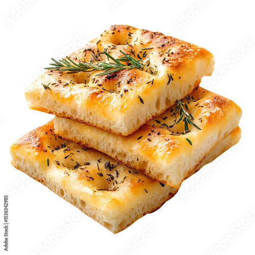 Golden baked focaccia bread with herbs, highlighting Italian flavors and artisanal baking themes, studio view isolated on a white background