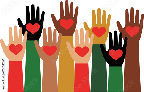 Diverse raised hands with hearts and cuffs representing empowerment and unity for Juneteenth celebration  