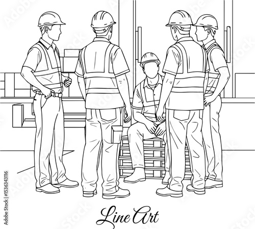 Group of Construction Workers Meeting on Site Line Art