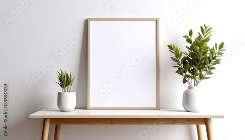 Wallpaper Mural Modern Frame Mockup with Plants Blank Canvas on Table  White Wall Background. Torontodigital.ca