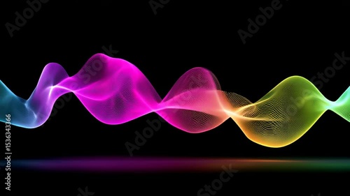 Colorful abstract wave illustration with flowing lines in vibrant hues of pink, purple, green, and yellow, creating a dynamic visual effect against a dark background